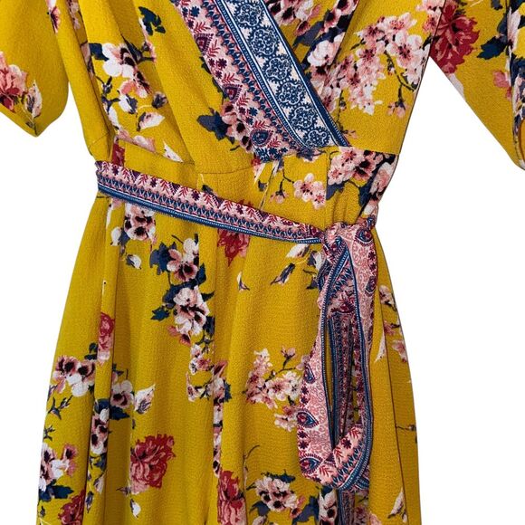 Trixxi Mustard Yellow Floral Boho Wrap Romper with Border Print Detail Size XL - Picture 12 of 14